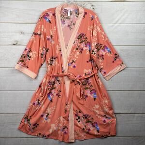Joyspun Women’s Floral Robe L 12-14 Peach Floral Pockets Belted Stretch Cozy